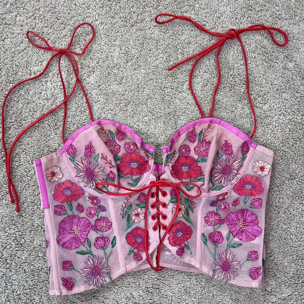 For Love And Lemons Kaylee Pink Floral Crop Top Bustier Embroidered Size Medium